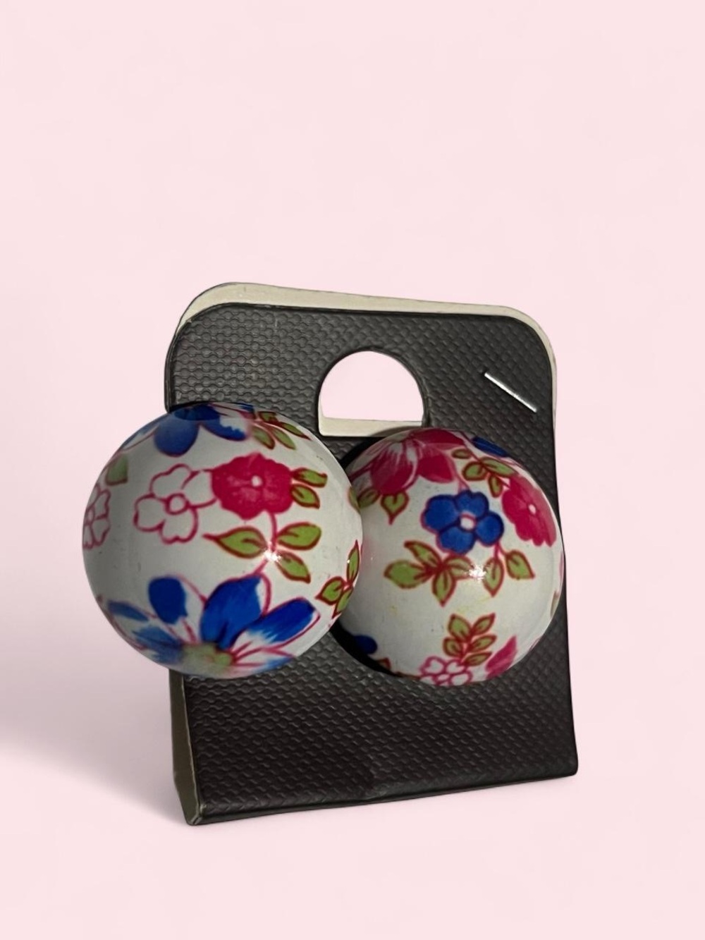 Floral Ball Earrings - White with Pink & Blue Flowers